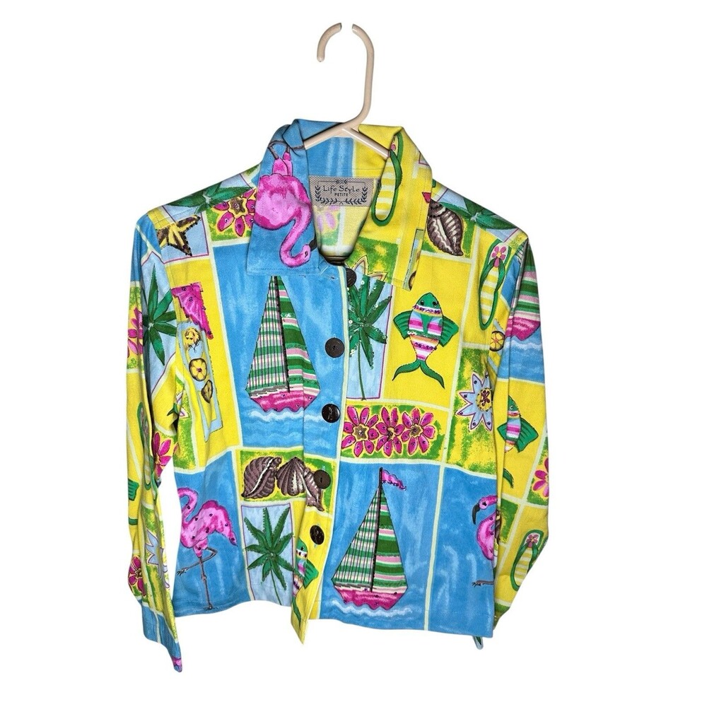 Life Style Petites Jacket Sz PS Button Up Beach Flamingos Shells Multicolor